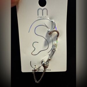 Silver Ear Cuff with Pearl and Chain
